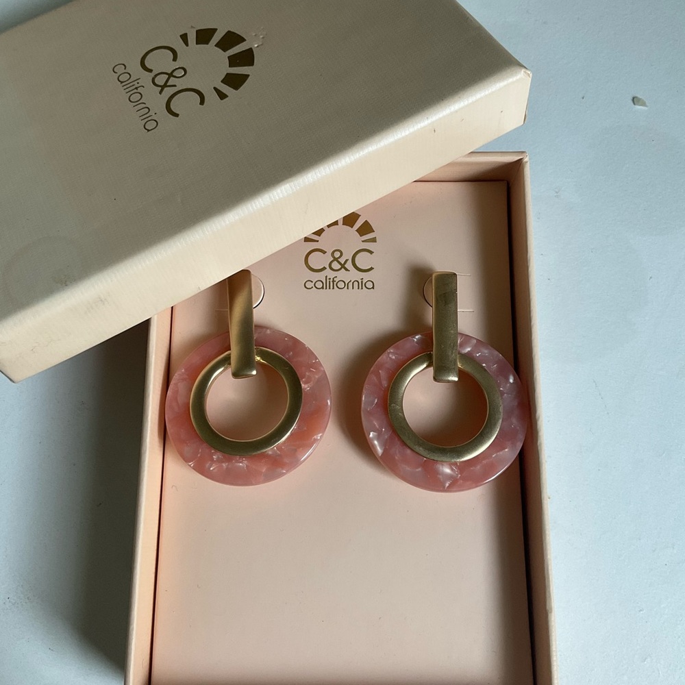 C&C California rose quartz gold hoops